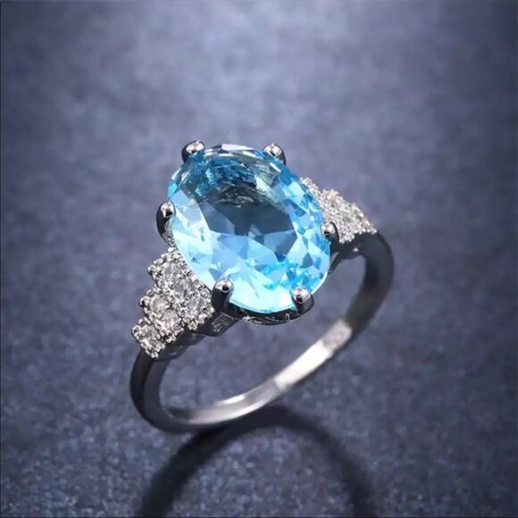 New Oval Cut 925 Silver Beautiful Aquamarine Ring - Picture 3 of 5